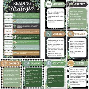 Naozinebi Eucalyptus Reading Strategies Posters Educational Bulletin Board Set for Classroom Reading Comprehension Strategies Posters for Elementary Middle School Library Home Decor 9PCS