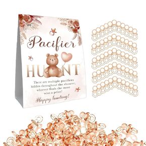 Pacifier Hunt Baby Shower Game, Mini Pacifiers Baby Shower Games Set, 50Pcs Brown Mini Baby Pacifiers for Baby Gender Reveal, Plastic Pacifiers Baby Shower Game 5 * 7IN