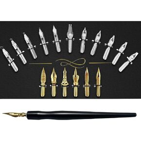 Calligraphy Pens Set - 17 Pieces Stainless Steel Calligraphy Pen Nibs with 1 Piece Nib Holder for Writing Painting Signing