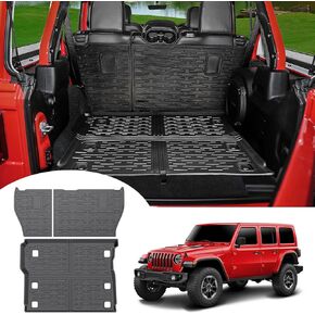 Cargo Mat with Seat Back Cover Fit for 2018-2024 Jeep Wrangler JL 4 Door with Subwoofer Cargo Liner TPE Trunk Floor Mat for Jeep Wrangler Accessories(Fit W/O FoldingLip, Cargo Mat+Backrest Mat)