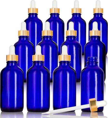 4 oz Glass Bottles with Gold Glass Dropper - 12 PACK l Choose Any Color Bottle l Clear, Cobalt Blue, Amber Brown (Amber) in Saudi Arabia