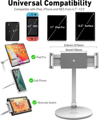 حامل حامل تابلت قابل للتعديل من شركة OverTEK، حامل iPad طويل الذراع، حامل iPad مرن وقابل للدوران 360 درجة، متوافق مع هواتف iPhone المحمولة مقاس 4.7 بوصة - 13.5 بوصة، وiPad، وSamsung Tab، وNintendo (أسود) in Kuwait