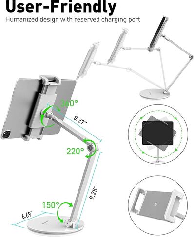 حامل حامل تابلت قابل للتعديل من شركة OverTEK، حامل iPad طويل الذراع، حامل iPad مرن وقابل للدوران 360 درجة، متوافق مع هواتف iPhone المحمولة مقاس 4.7 بوصة - 13.5 بوصة، وiPad، وSamsung Tab، وNintendo (أسود) in Kuwait