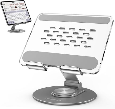 MoKo Acrylic Tablet Stand Holder - Adjustable iPad Stand with Aluminum 360° Rotating Base, Compatible with 4.7-12.9inch Device Such as iPad Pro 12.9, iPad Pro 11/10.9/10.2, iPad Air/Mini, Clear+Silver in Saudi Arabia