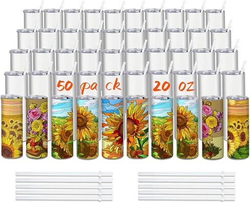 Kocdam 50 Pack Sublimation Tumblers Bulk 20oz, Sublimation Blanks Skinny Straight with Lids and Straws Bulk, Stainless Steel Double Wall Polymer Coating for Heat Transfer Customized Gifts in Saudi Arabia