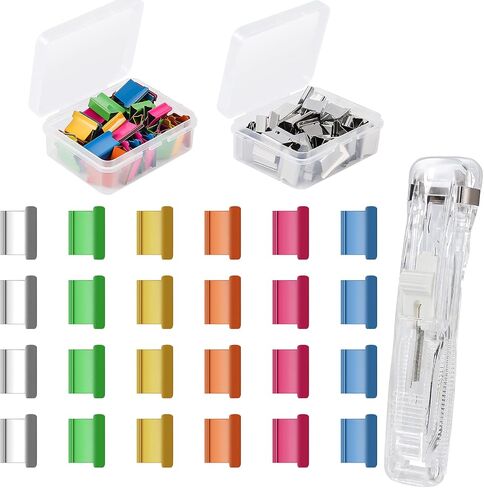 Stainless Steel Metal Refill Clips Dispenser, Mini Reusable Binder Pack Clamp, 1 Pack Push Stapler with 50pcs Binder Clips Silver 50pcs Colorful Paper Clamps for Office Document School Supplies in Saudi Arabia