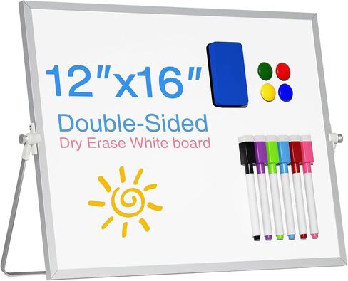 Magnetic Desktop Whiteboard with Stand, 16'' x 12'' Double-Sided Dry Erase White Board, 6 Markers, 4 Magnets, 1 Eraser, Portable White Board Easel for Kids Drawing Desk School to Do List in Saudi Arabia