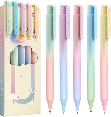 Gel Pens, 5Pcs 0.5mm Black Ink Pens Retractable Pen Fine Point Smooth Writing Quick-Dry Pens for Journaling and Note Taking, Aesthetic Gradient Color Pens Gift for Women and Kids in Kuwait