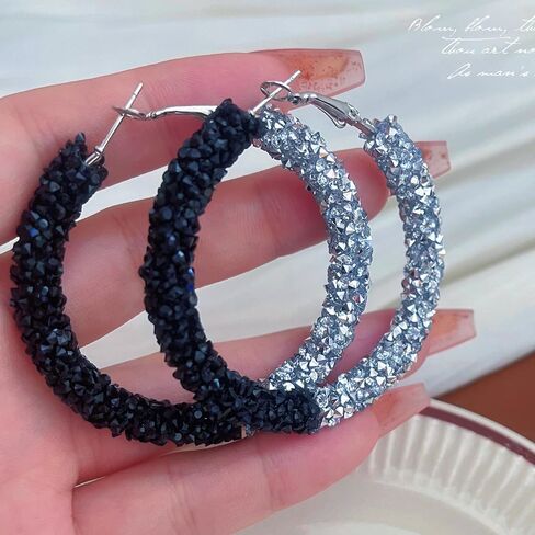 Glitter Bohemian Rhinestone Statement Hoop Earrings for Women Teen Girls,Large Sparkly Crystal Round Hoops Beach Holiday Jewelry Gift in Kuwait