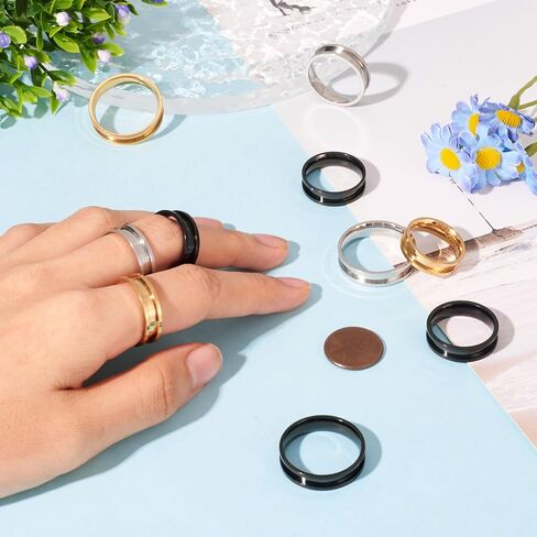 12Pcs 4mm Thin 201 Stainless Steel Grooved Ring 6 Sizes Black Polished Ring Core Blank for Inlay Ring Jewelry Making Comfort Grooved Finger Ring Inner Diameter 17~22mm in Saudi Arabia