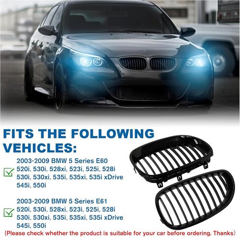 شبكة F10 - شبكة أمامية مزدوجة شرائح سوداء لامعة متوافقة مع 2010-2017 BMW 5 Series F10 F11 F18 سيدان 520i 528i 535d 535i 550i 520i - ABS شبكة الكلى السوداء اللامعة in Saudi Arabia