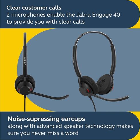 Jabra Engage 40 Wired Stereo Headset with Inline Call Control - Noise-Cancelling 2-Mic Technology, and USB-A Cable - Works With All Leading Unified Communications Platforms Such As Zoom, Unify - Black in Saudi Arabia