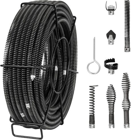 VEVOR 100ft5/8 Cleaning 100 FT x 5/8 Inch Professional Sectional Cleaner 7 Cutters for 0.8" to 3.9" Pipes, Hollow Core Sewer Auger Cable for Sink, Floor Drain, Toilet, Black in Kuwait