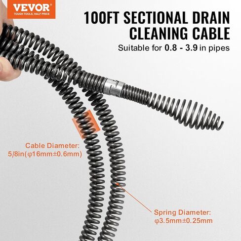 VEVOR 100ft5/8 Cleaning 100 FT x 5/8 Inch Professional Sectional Cleaner 7 Cutters for 0.8" to 3.9" Pipes, Hollow Core Sewer Auger Cable for Sink, Floor Drain, Toilet, Black in Kuwait