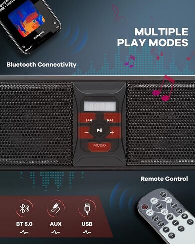 شريط صوت عالمي مقاس 16 بوصة ATV UTV لعربة الجولف، صوت بلوتوث، 6 مكبرات صوت، منفذ USB، إضاءة متعددة الألوان، شريط صوت بلوتوث لعربة الجولف/ATV/UTV/Marine لشريط رول 1.75-2.25 بوصة in Kuwait