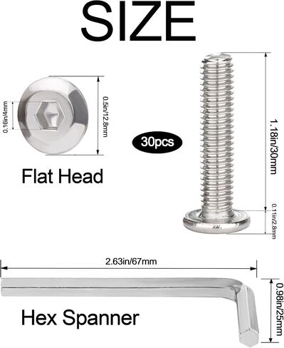 M6 x 30mm 30Pcs Flat Head Hex Socket Cap Screws Bolts,Full Machine Thread Coverage，304 Stainless Steel (with Hex Spanner) in Saudi Arabia