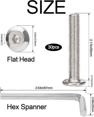 M6 x 30mm 30Pcs Flat Head Hex Socket Cap Screws Bolts,Full Machine Thread Coverage，304 Stainless Steel (with Hex Spanner) in Saudi Arabia