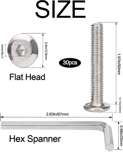 M6 x 30mm 30Pcs Flat Head Hex Socket Cap Screws Bolts,Full Machine Thread Coverage，304 Stainless Steel (with Hex Spanner) in Saudi Arabia