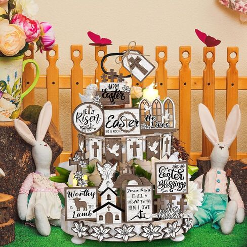 35 قطعة من صينية عيد الفصح ذات الطبقات ديكور خشبي من He Is Risen مع سلسلة أضواء LED، علامات خشبية مركزية دينية، خشب عيد الفصح، زهرة الملاك المتقاطعة لديكورات المطبخ المنزلية في عيد الفصح in Kuwait
