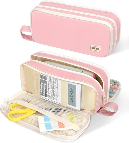 SUNEE Cute Pencil Case, Big Capacity Pencil Bag with 3 Compartments, Large Canvas Pencil Pouch Organizer with Zipper, Kawaii Portable Stationery Pen Bag,Aesthetic School Supplies For Adult Girls, Pink in Saudi Arabia