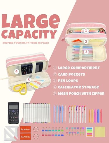 SUNEE Cute Pencil Case, Big Capacity Pencil Bag with 3 Compartments, Large Canvas Pencil Pouch Organizer with Zipper, Kawaii Portable Stationery Pen Bag,Aesthetic School Supplies For Adult Girls, Pink in Saudi Arabia