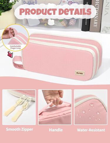SUNEE Cute Pencil Case, Big Capacity Pencil Bag with 3 Compartments, Large Canvas Pencil Pouch Organizer with Zipper, Kawaii Portable Stationery Pen Bag,Aesthetic School Supplies For Adult Girls, Pink in Saudi Arabia