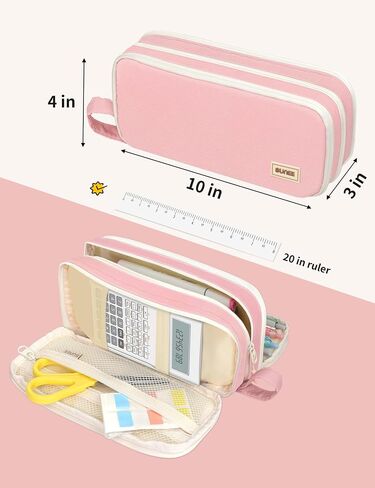 SUNEE Cute Pencil Case, Big Capacity Pencil Bag with 3 Compartments, Large Canvas Pencil Pouch Organizer with Zipper, Kawaii Portable Stationery Pen Bag,Aesthetic School Supplies For Adult Girls, Pink in Saudi Arabia