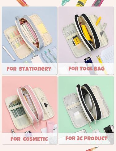 SUNEE Cute Pencil Case, Big Capacity Pencil Bag with 3 Compartments, Large Canvas Pencil Pouch Organizer with Zipper, Kawaii Portable Stationery Pen Bag,Aesthetic School Supplies For Adult Girls, Pink in Saudi Arabia