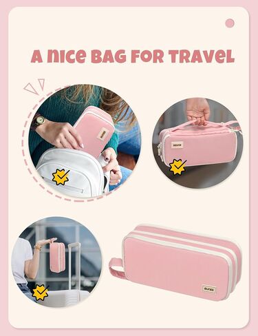 SUNEE Cute Pencil Case, Big Capacity Pencil Bag with 3 Compartments, Large Canvas Pencil Pouch Organizer with Zipper, Kawaii Portable Stationery Pen Bag,Aesthetic School Supplies For Adult Girls, Pink in Saudi Arabia