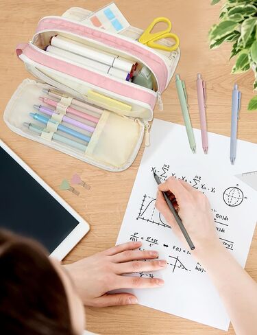SUNEE Cute Pencil Case, Big Capacity Pencil Bag with 3 Compartments, Large Canvas Pencil Pouch Organizer with Zipper, Kawaii Portable Stationery Pen Bag,Aesthetic School Supplies For Adult Girls, Pink in Saudi Arabia