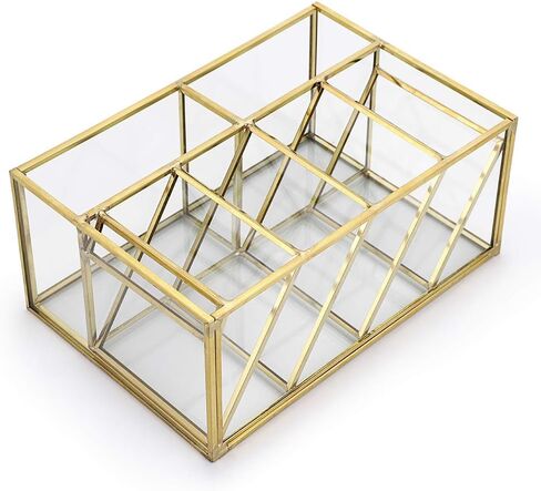 منظم مكتب معدني ذهبي عتيق من Hipiwe - فرش مكياج زجاجية وحامل أحمر الشفاه ومنظم خزانة الملابس وحامل تخزين أقلام الرصاص للوازم المكتبية المنزلية (6 حجرات) in Kuwait