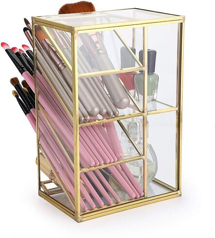 منظم مكتب معدني ذهبي عتيق من Hipiwe - فرش مكياج زجاجية وحامل أحمر الشفاه ومنظم خزانة الملابس وحامل تخزين أقلام الرصاص للوازم المكتبية المنزلية (6 حجرات) in Kuwait