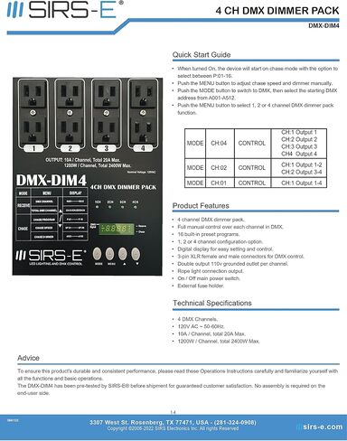 SIRS-E DMX-DIM4 4 Channel DMX Dimmer Pack Double Output in Saudi Arabia