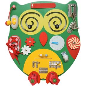 SENSORY4U Owl Sensory Wooden Activity Busy Board - Wood Montessori Experience - Quiet Play Latches Tying Spinning Buttoning