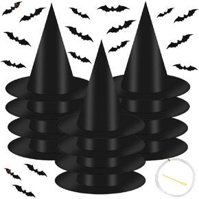 12 PCS Black Witch Hat with Hanging Rope, 32 PCS 3D Bats Stickers for Halloween Indoor Outdoor Yard Decor Party Decorations, Wizard Costume for Women Girls Kids
