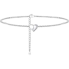 ChainsProMax Women Solid Silver Heart Ankle Bracelets, Summer Foot Chain, A to Z Initial Anklet, Adjustable-Send Gift Box