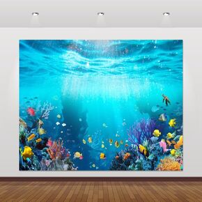 Under The Sea Backdrop 10x8ft Seabed Underwater World Ocean Mermaid Birthday Party Banner Decorations Turtles Fish Coral Photography Background Aquarium Backdrops