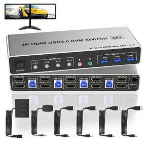 8K Displayport USB 3.0 KVM Switch 3 Monitors 4 Computers, DP 1.4 Triple Monitor KVM Switch with Audio Microphone Output and 3 USB 3.0 Ports, 8K DP KVM Triple Monitor Keyboard Mouse Switcher