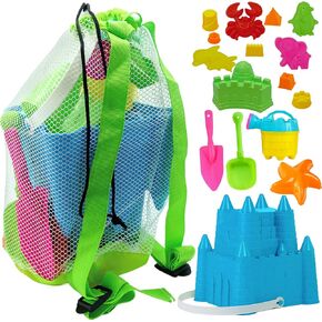 4E's Novelty Beach Toys for Kids with Bag, Sand Castle Beach Bucket with Shovel & Large Molds - Beach Toys for Kids 3-10, Sand Toys for Toddlers with Mesh Beach Bag