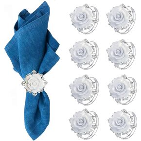 8 PCS Valentine's Day Rose Napkin Rings White Rose Silver Ring Holder Acrylic Rose Napkin Holder Table Decoration for Valentine's Day Wedding Anniversary
