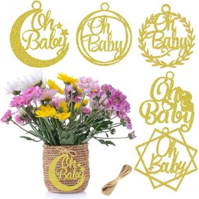 20PCS ‘Oh Baby’Jar Tags Centerpieces Gender Reveal Decorations，Baby Shower Mason Jar Tags and 10 Yards Burlap Rope for Baby Shower Decorations，Glitter Gold Decorations Kids Party Decoration