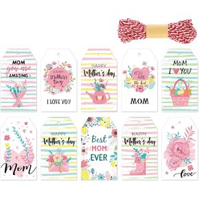 Whaline 120Pcs Mother's Day Gift Tags with 98.4 Feet Cotton Rope Flower Heart Best Mom Ever Mom I Love You Hanging Labels Tags for Mother's Day Birthday DIY Gift Party Favor Decor, 10 Design