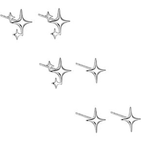 3 Pairs 925 Sterling Silver Stud Earrings High Polish Tiny Star Earrings Hypoallergenic Asymmetric Earrings for Women Girls