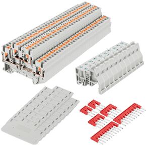 DIN Rail Terminal Block Twin Spring Terminal Connectors Push in Type PT Screwless Wire Wiring Connector with 10 Covers 10 End Stops 6 Jumpers (ST2-2.5/2x2, 112)