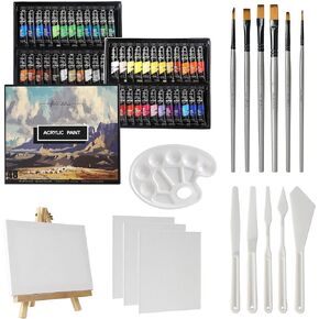 GC QUILL 48 Acrylic Paint Set - 66pcs Painting Supplies with 48 * 12ml Tubes, Paint Brushes, Palette Knives, Canvas, Easel, Sponge, Palette for Artist Painting on Wood, Ceramics, Fabric, Crafts