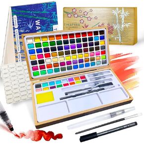 Watercolor Paint Set,100 Colors in Nature Bamboo Box,Portable Water Colors Kit with Papers and Brush Pens,Great for Kids Adults Beginners & Professionals