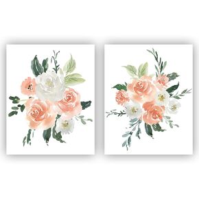 Roses Watercolor Wall Art Print Set | Coral Pink, White, and Green Set of Two 8 x10 UNFRAMED Flower Prints | Botanical, Floral, Farmhouse Home Decor