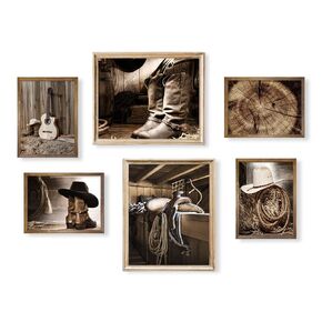 Art for Cowboy Men Cowgirl - Set of 6 - Rustic Farmhouse Bathroom Poster - Boho Western Decor - Old West Ranch Room Decor - Cow Boy Girl Pictures Wall Art - Country Print - Southern Farm House Animal