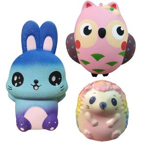 3 Pack Squishies Owl/Hedgehog/Rabbit, Slow Rising Jumbo Animal Squishy Toys Super Soft Cute Stress Relief Squeeze Toys for Kids Adults