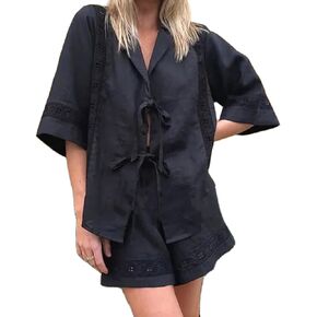 SOLILOQUY Women 2 Piece Pajama Set Plaid Short Puff Sleeve Tie Front Peplum Blouse Top+Ruffled Shorts Outfit Cute Lounge Set